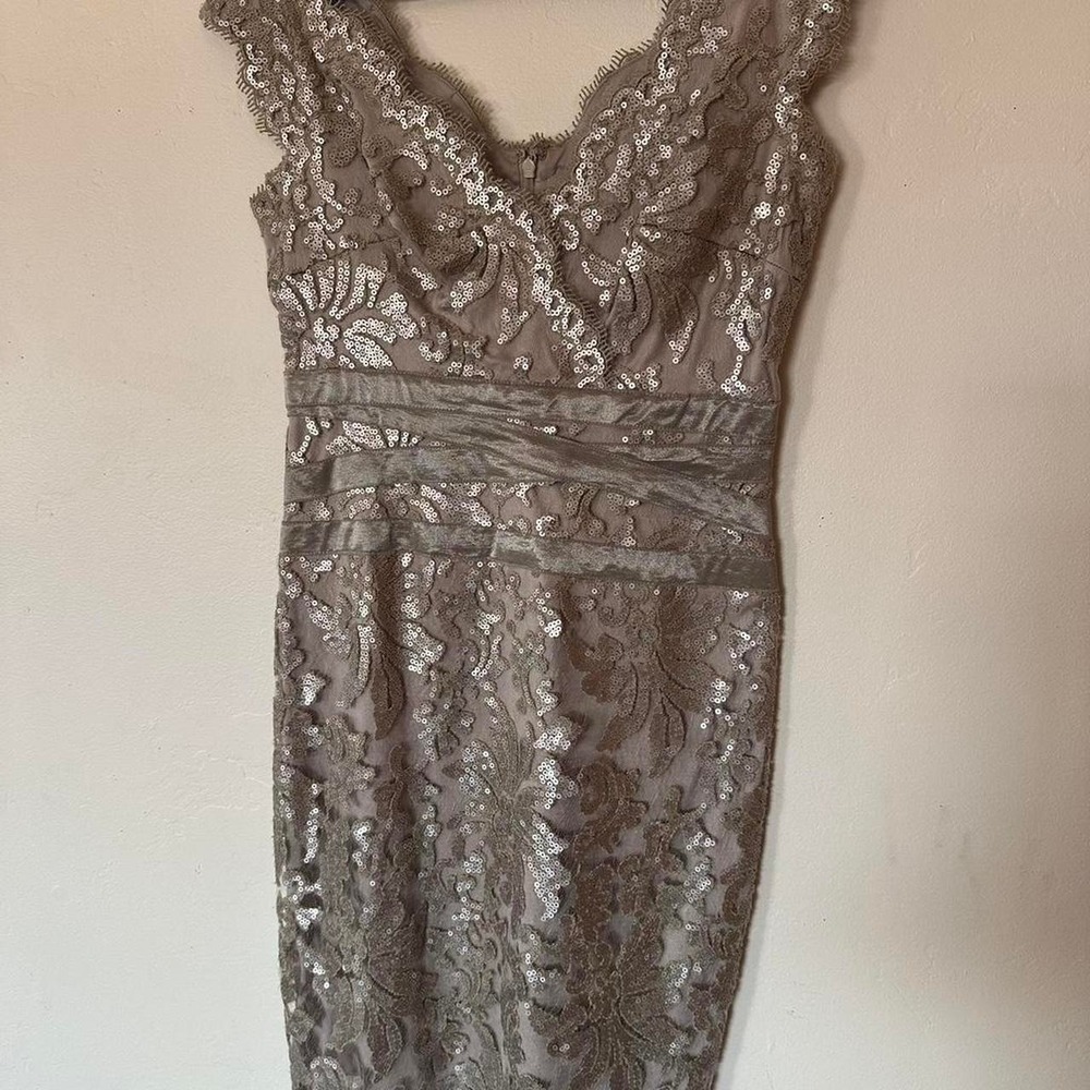 Tadashi Shoji silver sequin dress tailored fit cocktail, mobwife, Wedding guest